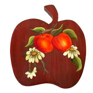 Floral Apple Shape Wood Art Trivet Vintage 70s Hand Painted Country Decorative